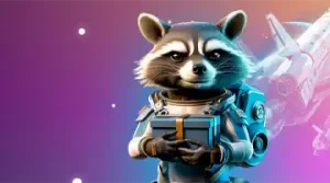 Изображение енота в солнечных очках с скипетром, празднующего с воздушными шарами и золотыми монетами, символизирующее приветственный бонус в Lucky Bird Казино.